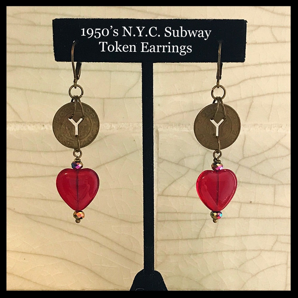 1950's N.Y.C. Subwayā Token Earrings With Ruby Red Czech Glass Hearts